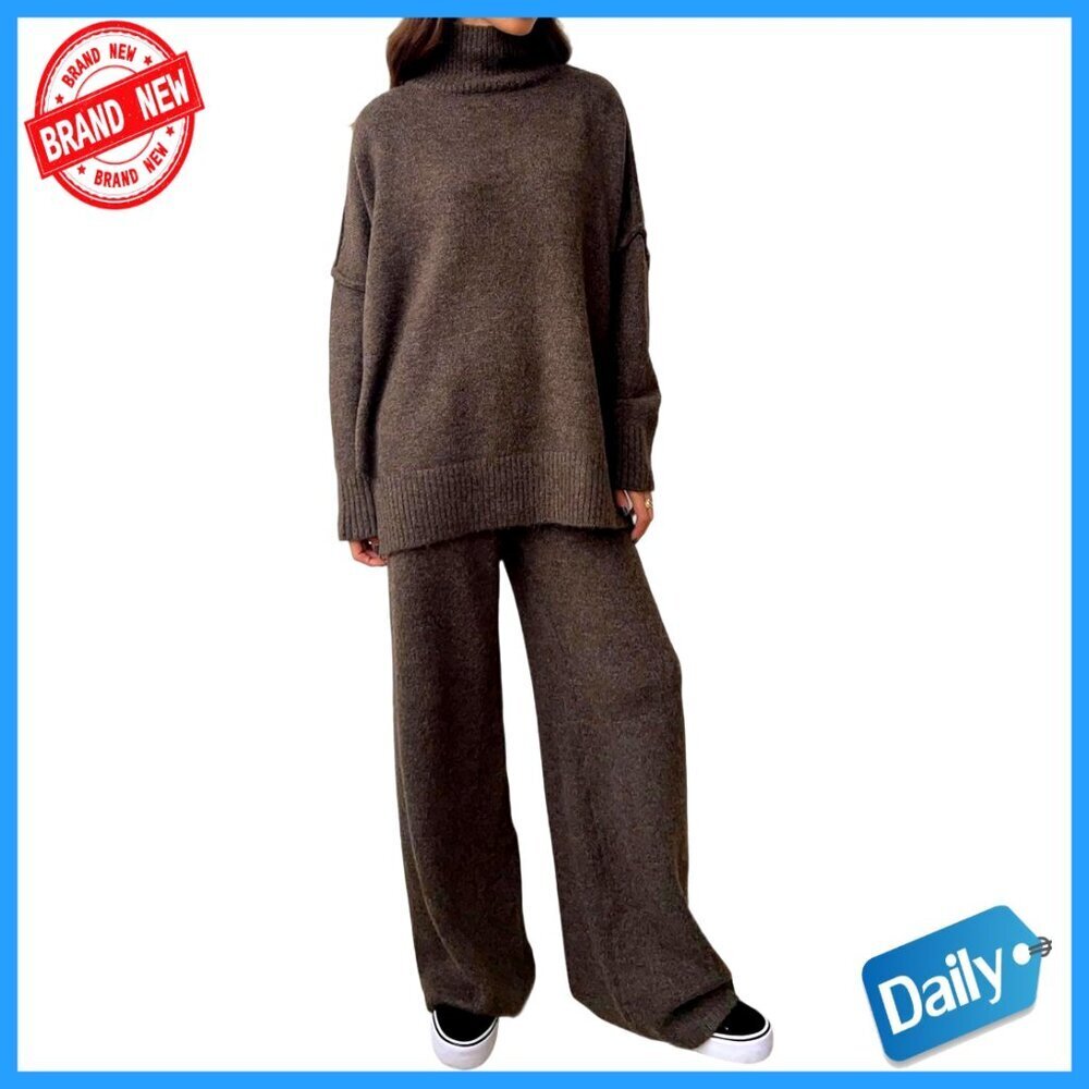 Women's 2-Piece Sweater Lounge Set Mock Neck Top Wide Leg Pants